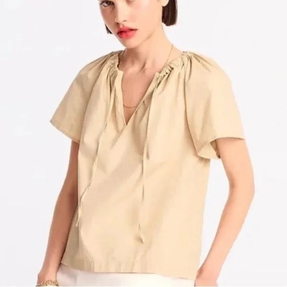 J. Crew Women's Tie Neck Cotton Poplin Top Light Khaki Tan Size Large NWT